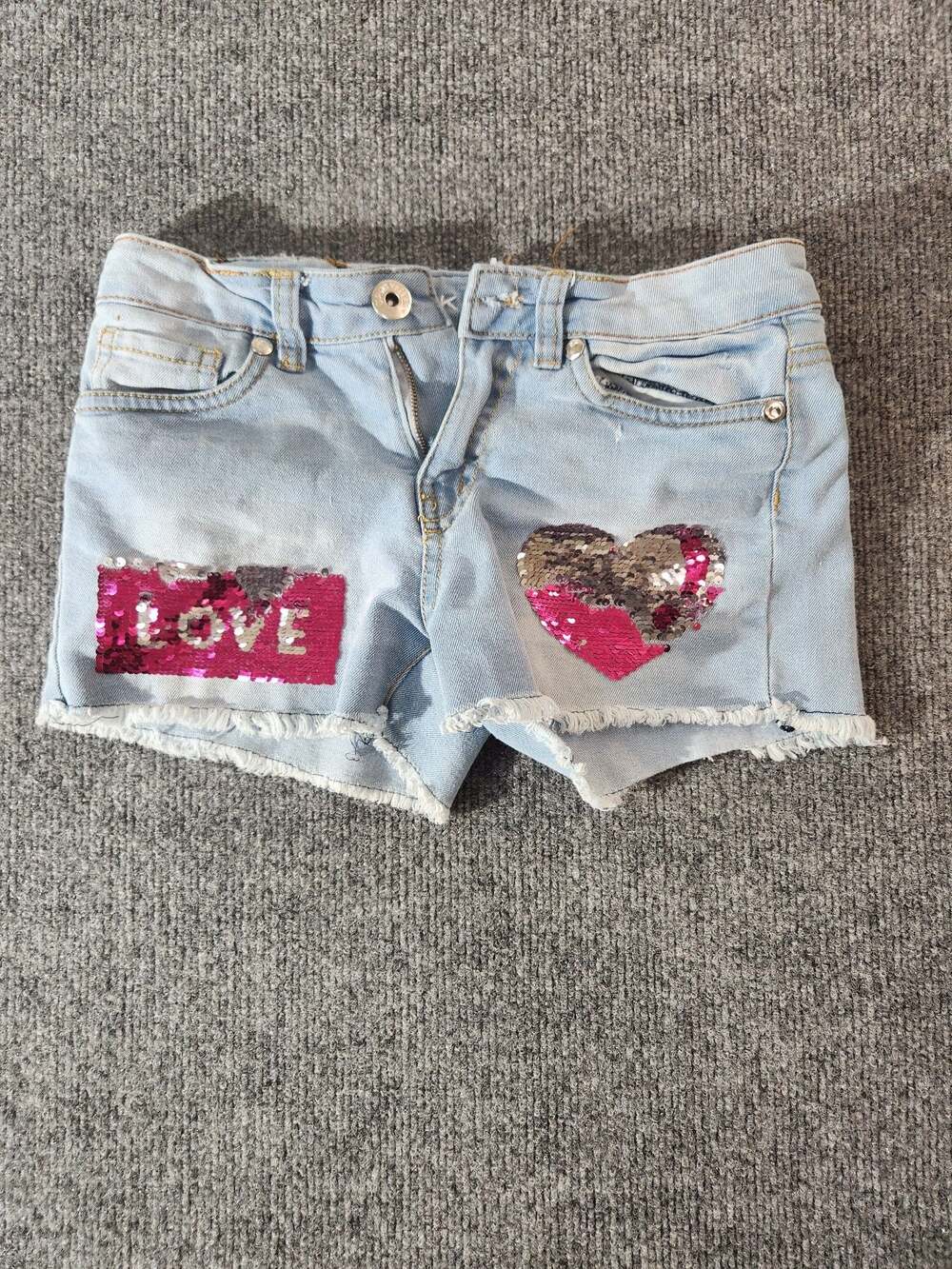 Pink Velvet Girls Size 10 Denim Shorts with Reversible Sequin Heart and Love Pat